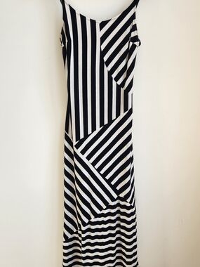 Nicole Benisti Black and White Striped Maxi Dress with Spaghetti Straps, M